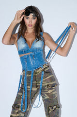 RICH GIRL ENERGY EMBELLISHED DENIM BRA TOP