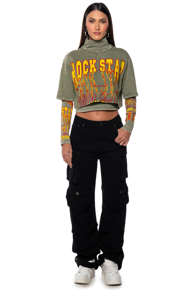 ROCK STAR GRAPHIC LAYERED TURTLE NECK TOP