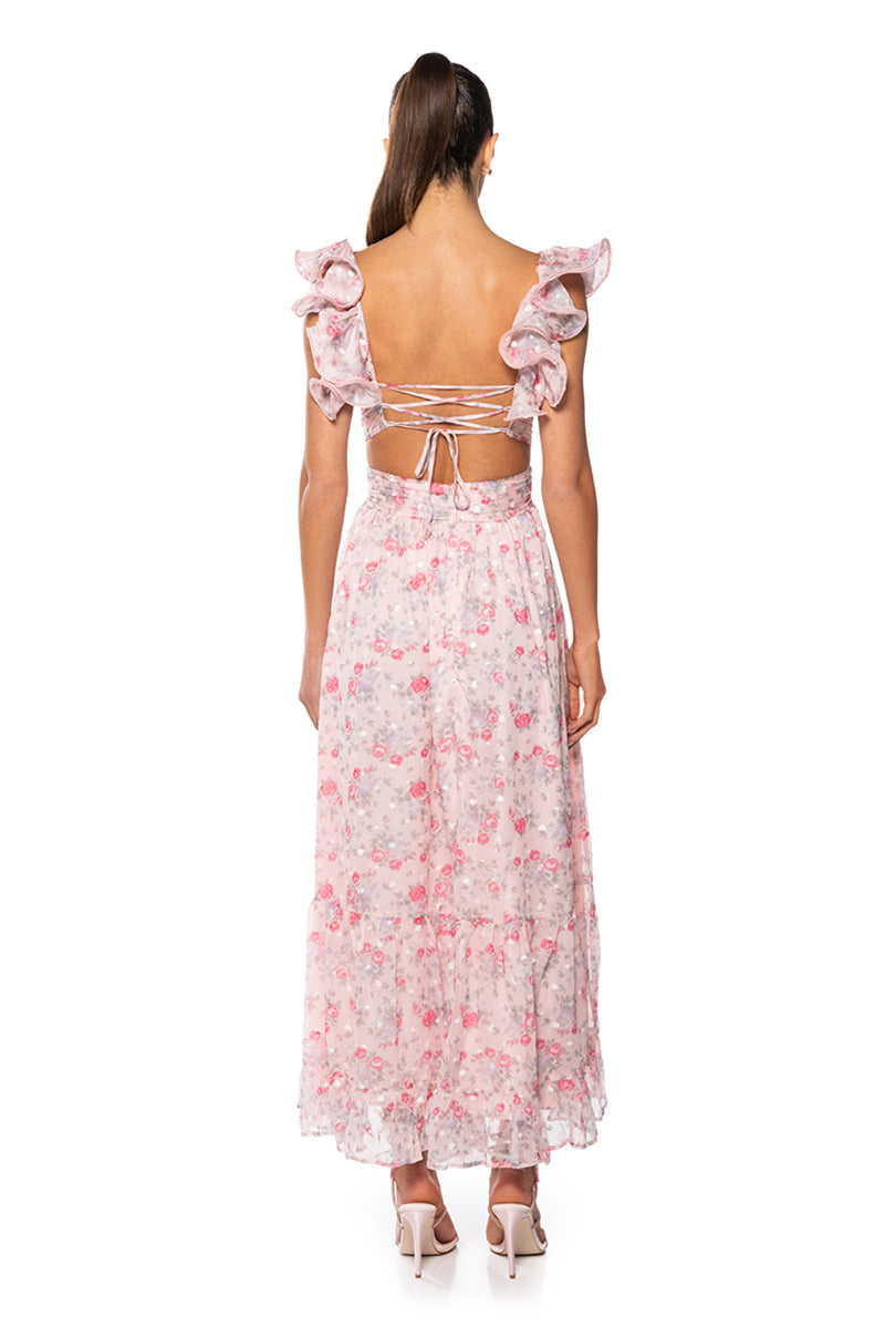 RUNAWAY RUFFLE FLORAL MAXI DRESS