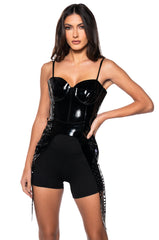 SAFE ON MY OWN VINYL CORSET TOP IN BLACK
