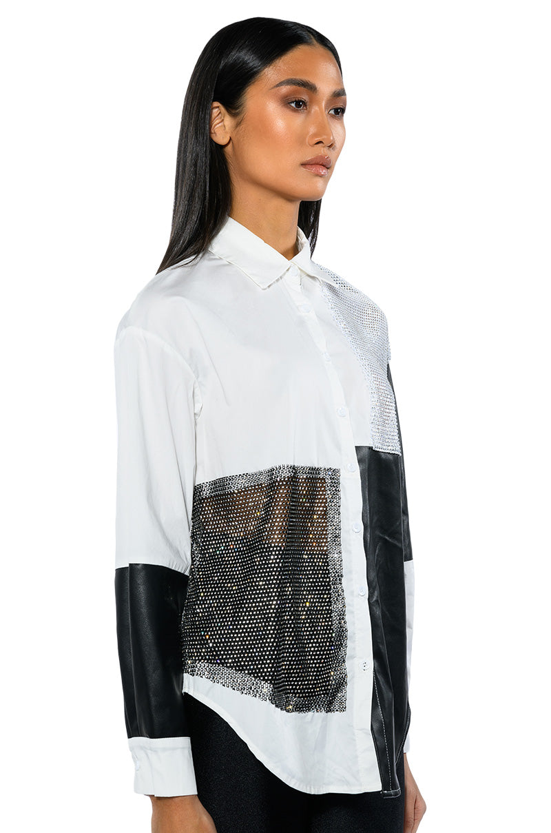 SAY IT AGAIN BUTTON UP BLOUSE WITH RHINESTONE TRIM