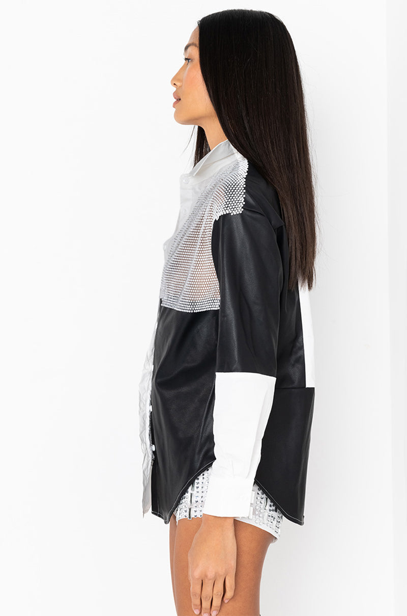 SAY IT AGAIN BUTTON UP BLOUSE WITH RHINESTONE TRIM