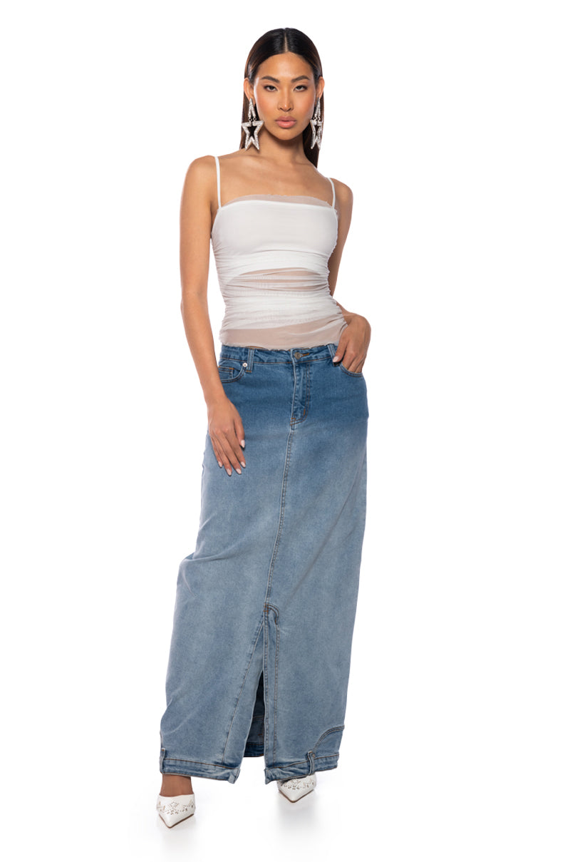 SEEING DOUBLE DENIM MAXI SKIRT