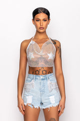 EVIE RHINESTONE MESH HALTER TOP