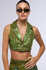 SHES GLOWING METALLIC DENIM HALTER TOP