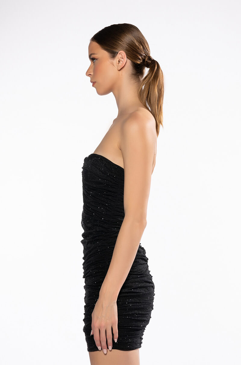 SHOW BUSINESS STRAPLESS PLUNGE EMBELLISHED MINI DRESS