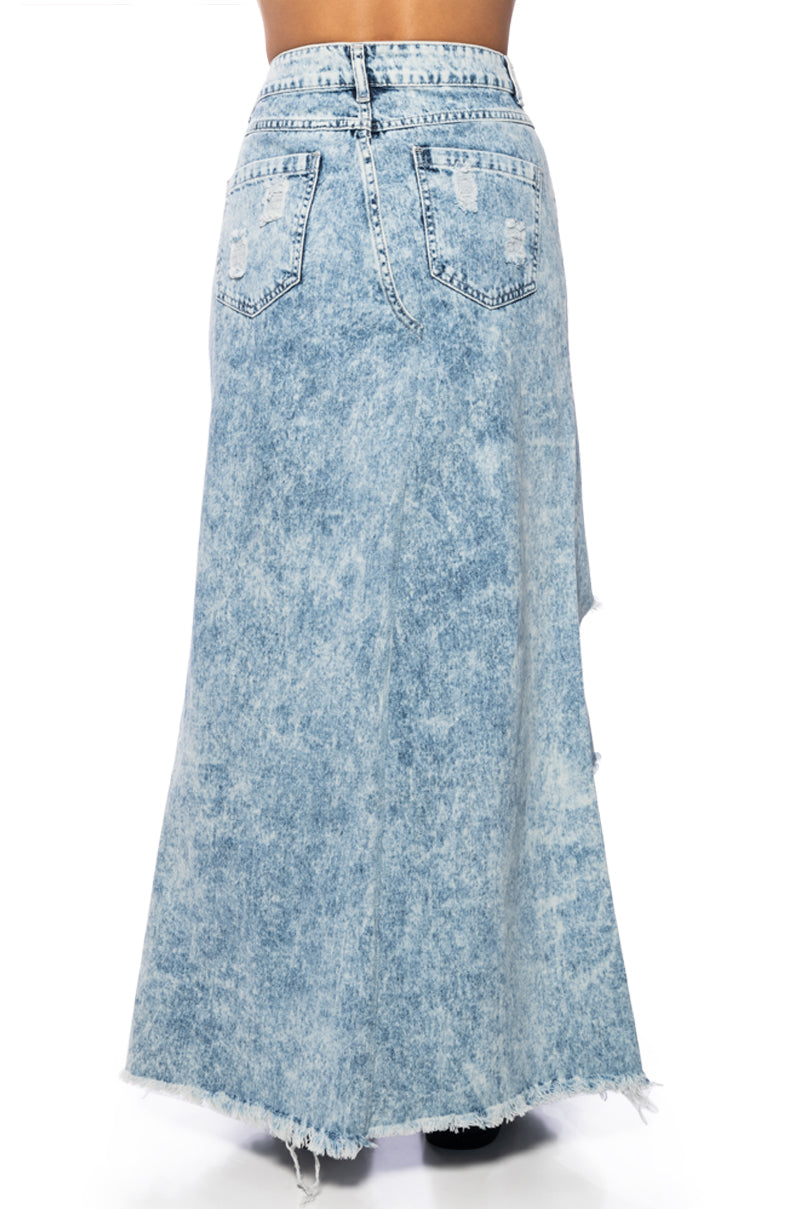 YOUR NEW FAVORITE DISTRESSED FLARED JEAN MIDI SKIRT