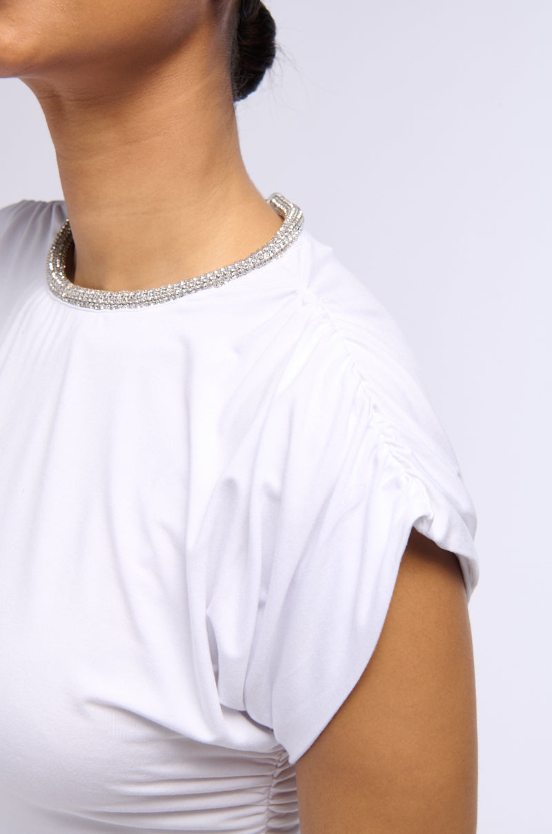 SLINKY SHORT SLEEVE RHINESTONE EMBELLISHED SHIRT