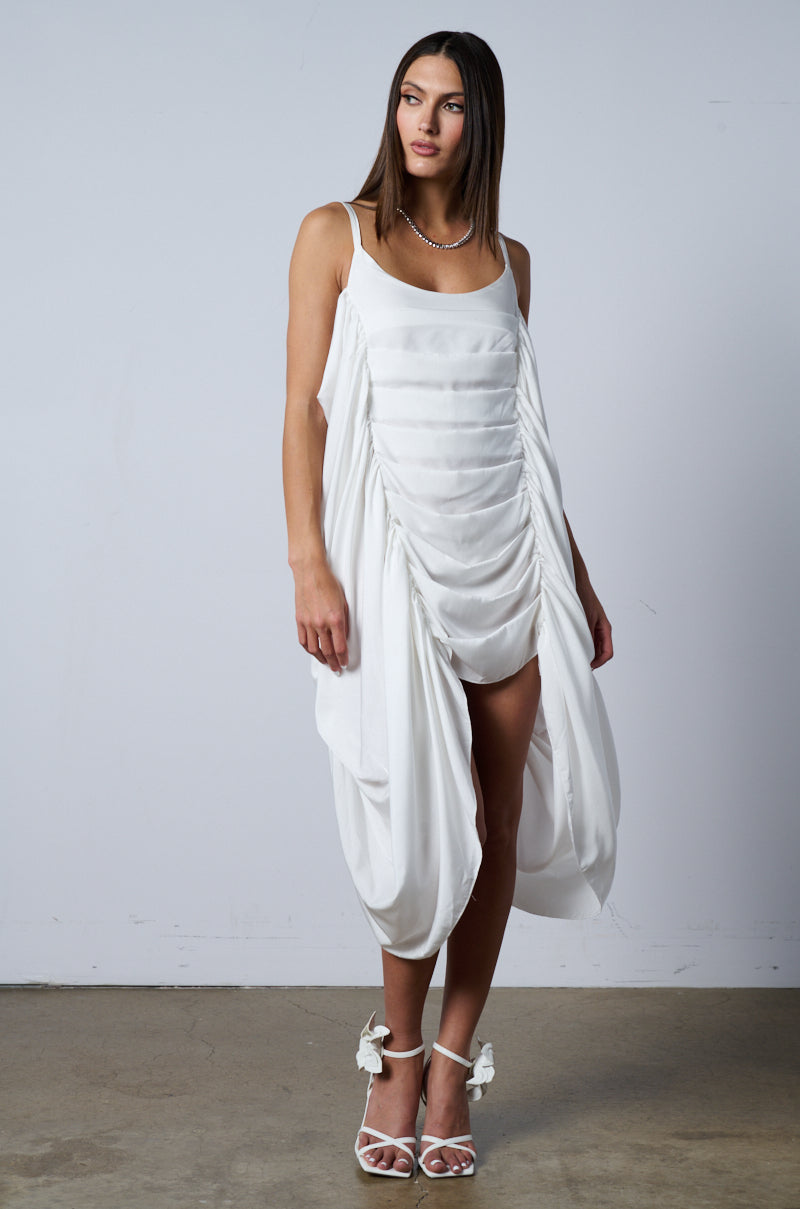 SMOOTH OPERATOR RUCHED MINI DRESS IN WHITE