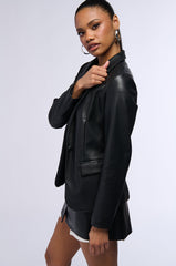 SO CHIC SOFT FAUX LEATHER BLAZER IN BLACK