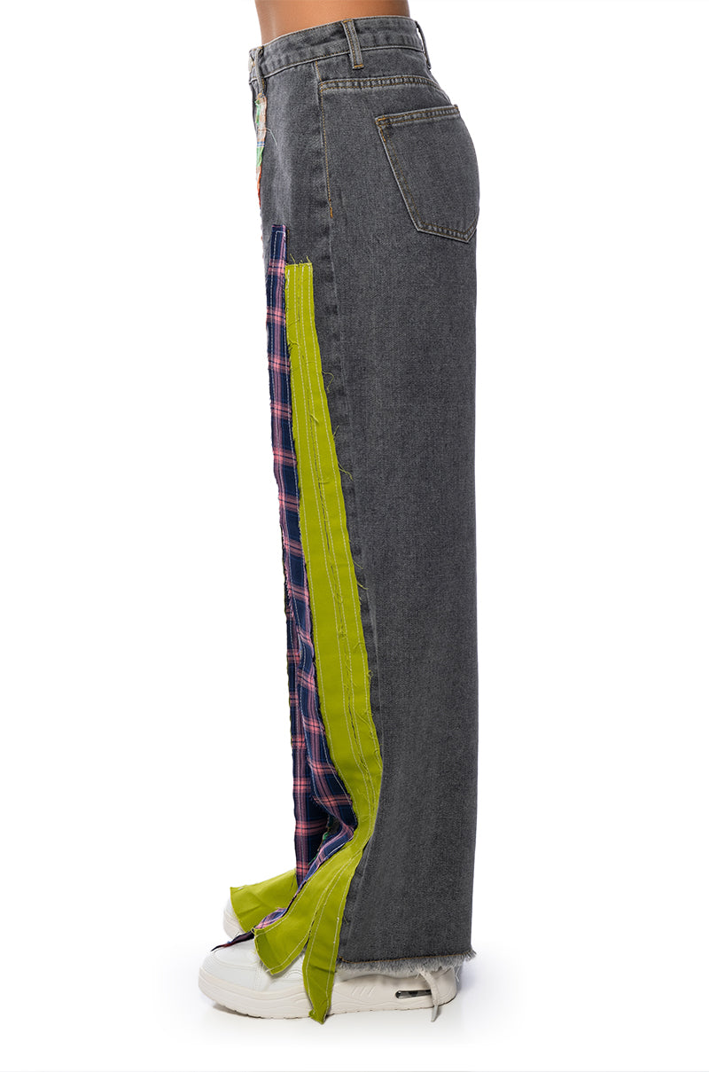 SOMETHIN NEW PLAID DETAIL WIDE LEG JEAN