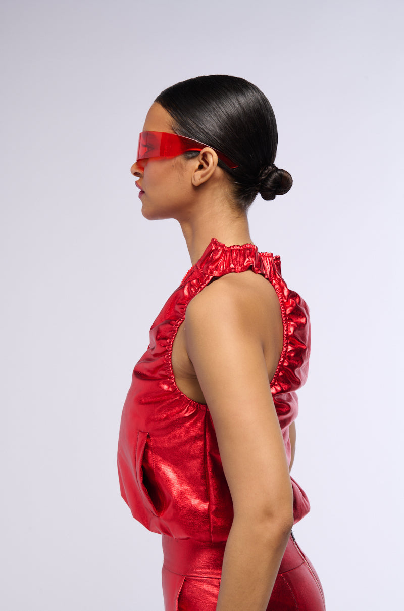 SPACE CADET SLEEVELESS METALLIC ZIP UP TOP IN RED