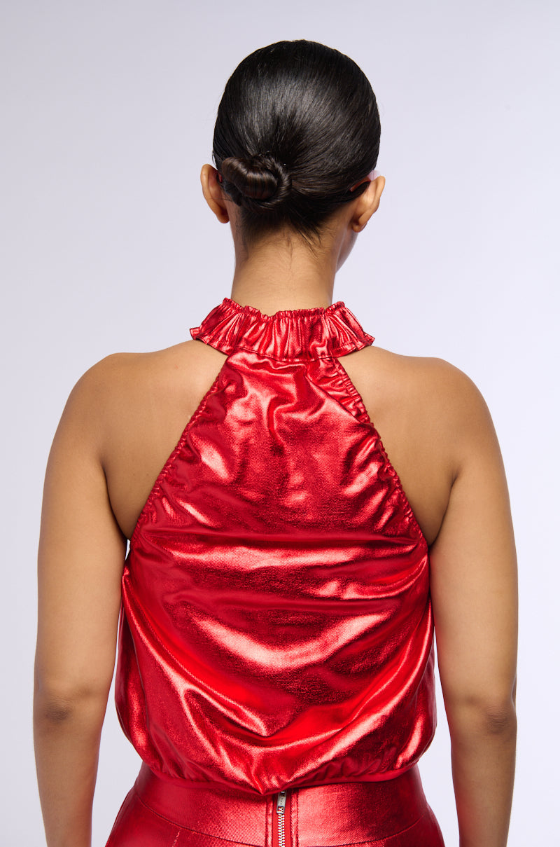 SPACE CADET SLEEVELESS METALLIC ZIP UP TOP IN RED