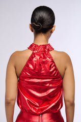 SPACE CADET SLEEVELESS METALLIC ZIP UP TOP IN RED