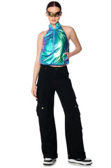 SPACE CADET SLEEVELESS ZIP UP TOP IN BLUE GREEN METALLIC