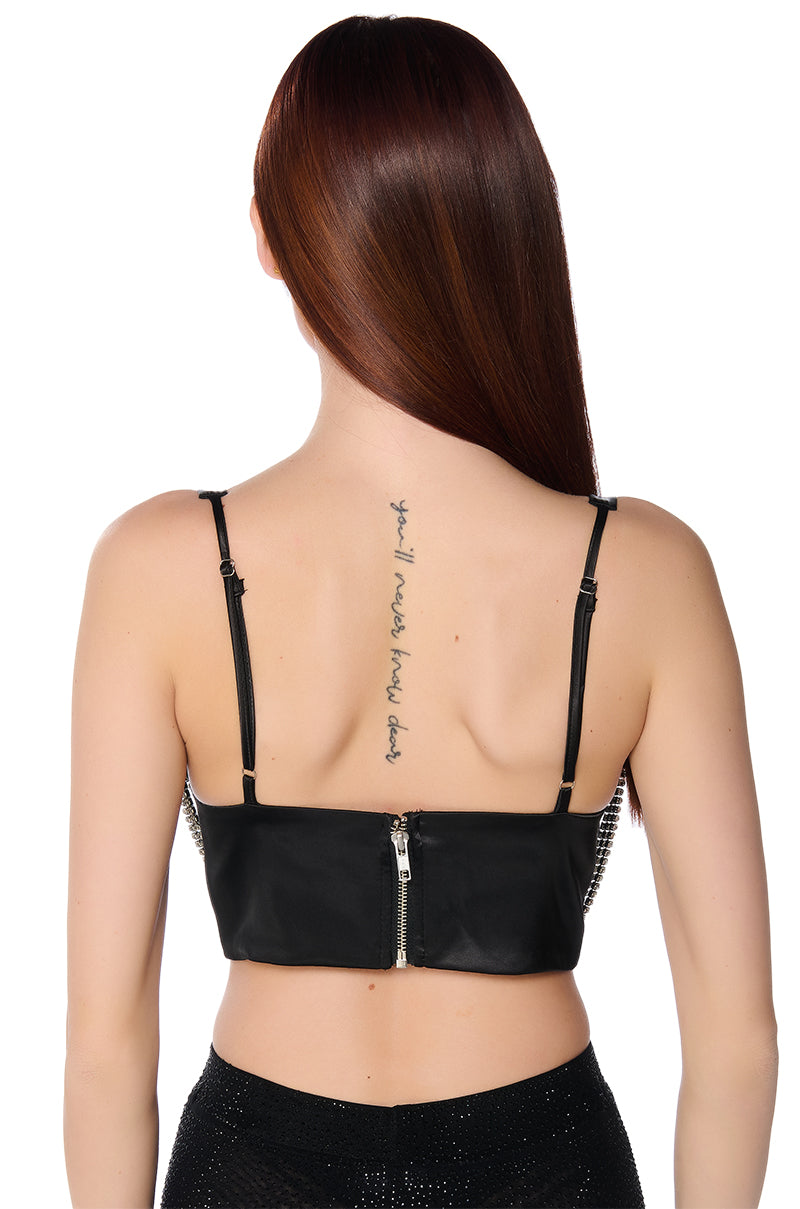 SPEAK MY TRUTH RHINESTONE BRALETTE TOP IN BLACK