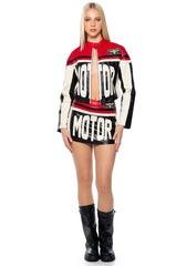 SPEED UP MOTOR FAUX LEATHER COLORBLOCK MINI SKIRT