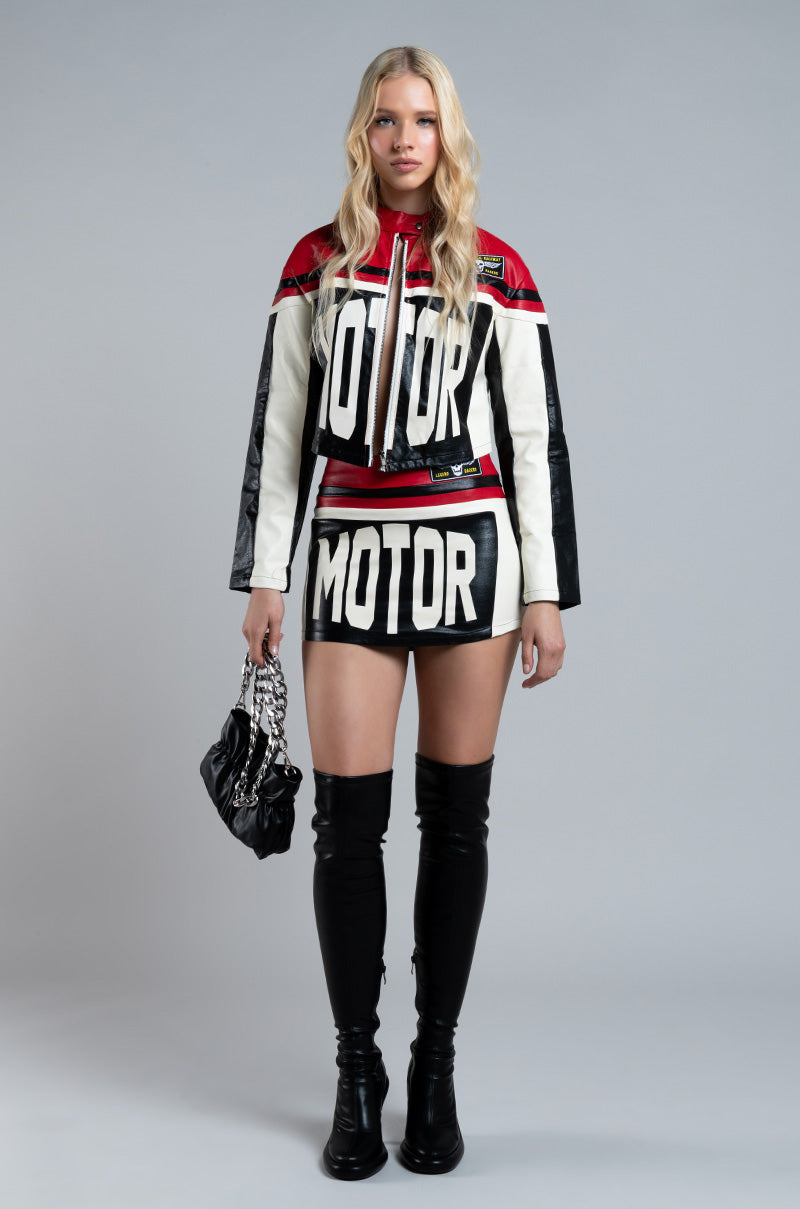 SPEED UP MOTOR FAUX LEATHER COLORBLOCK MINI SKIRT