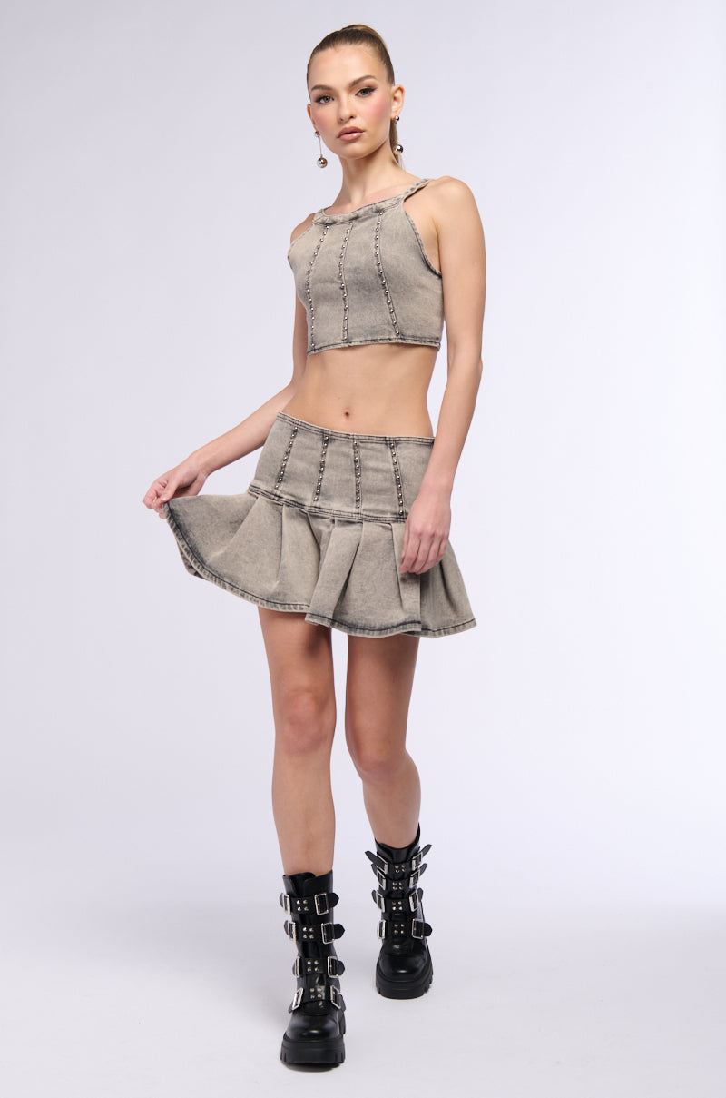 STAND ON MY BUSINESS MINERAL WASH DENIM STUDDED MINI SKIRT