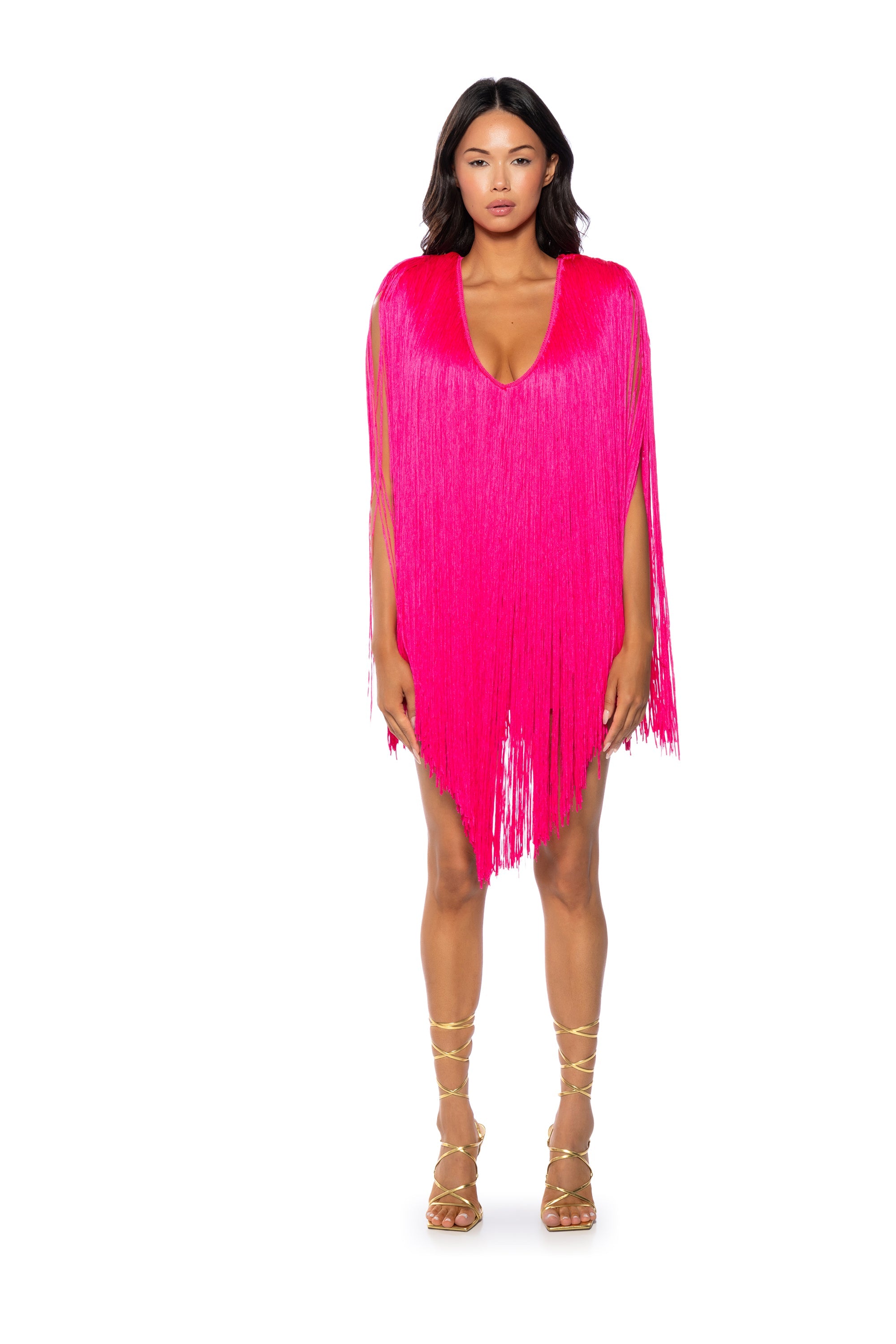 STEVIE DEEP V BANDAGE WITH FRINGE MINI DRESS
