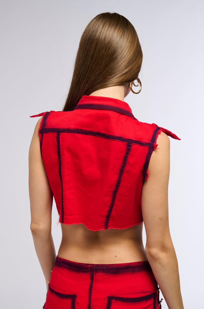 STOP TRYING CROP DENIM TOP