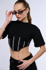 SUGAR EMBELLISHED RHINESTONE CORSET DETAIL T SHIRT