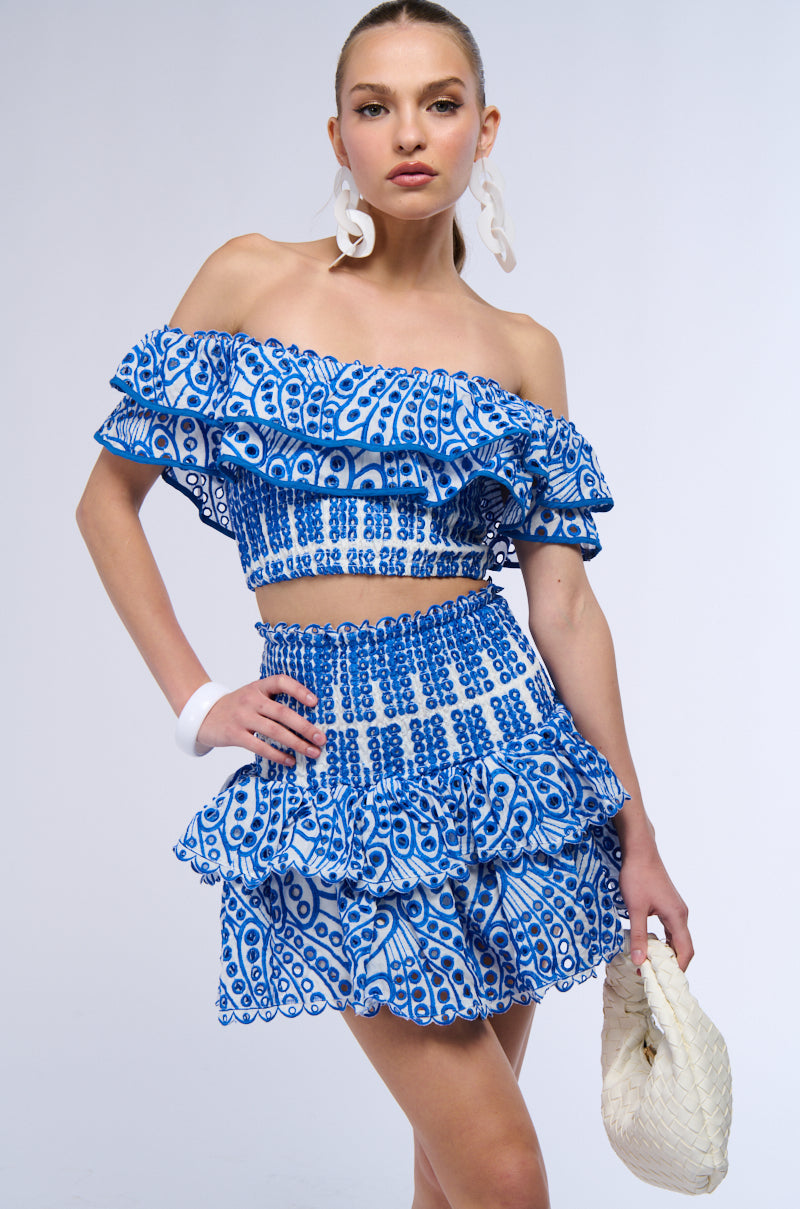 SUMMER LOVING TIERED RUFFLE MINI SKIRT IN BLUE