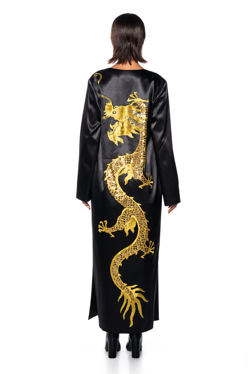 SATIN DUSTER WITH EMBROIDERED DRAGON