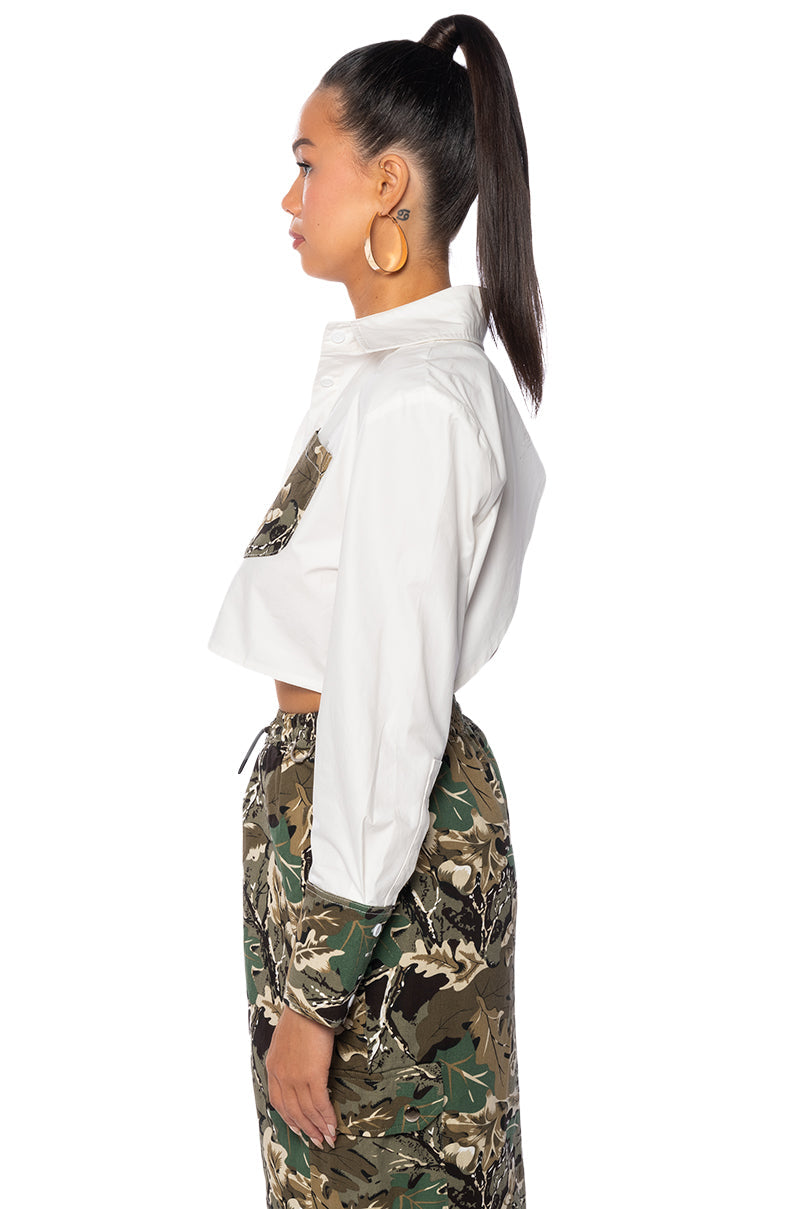 SURVIVAL MODE CROPPED BUTTON DOWN BLOUSE