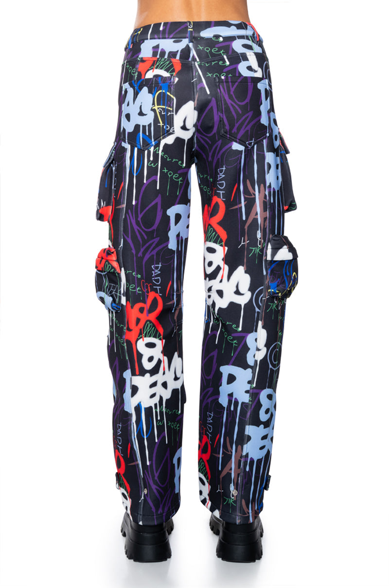 TAG ME GRAFFITI EMBELLISHED SCUBA CARGO PANTS