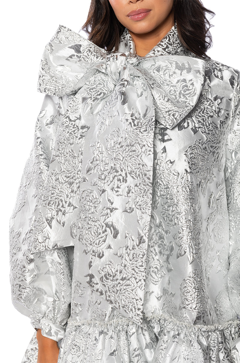 TAKE A BOW BROCADE MINI DRESS