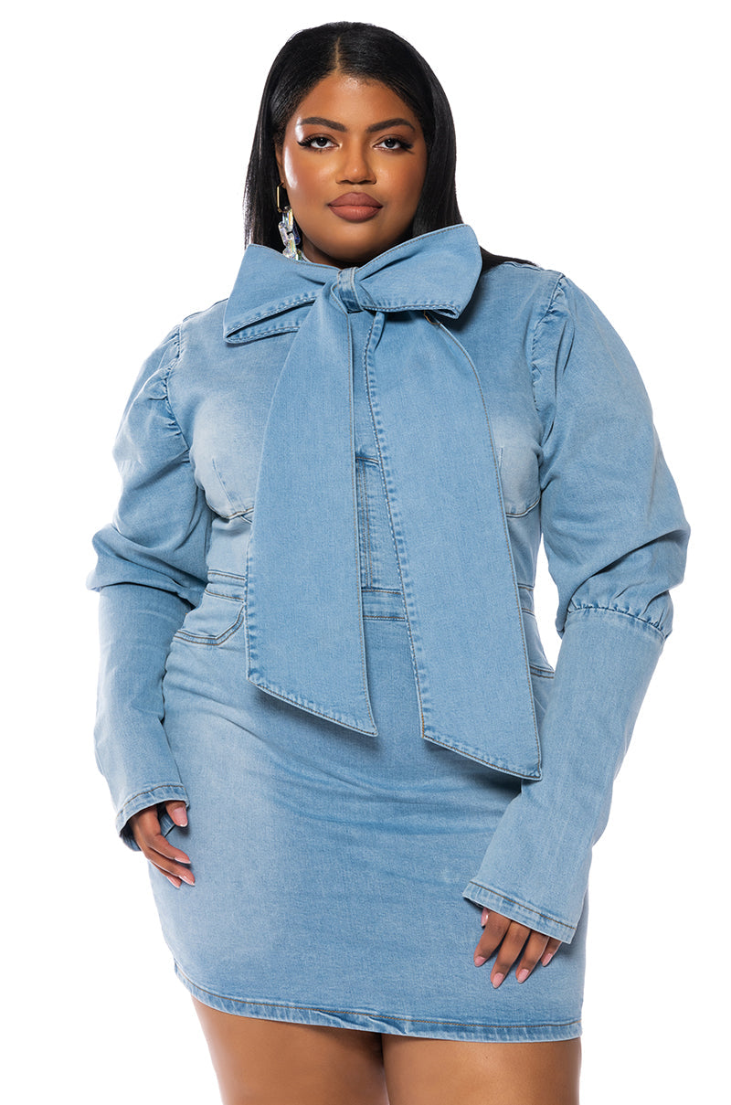 TAKE A BOW DENIM LONGSLEEVE MINIDRESS