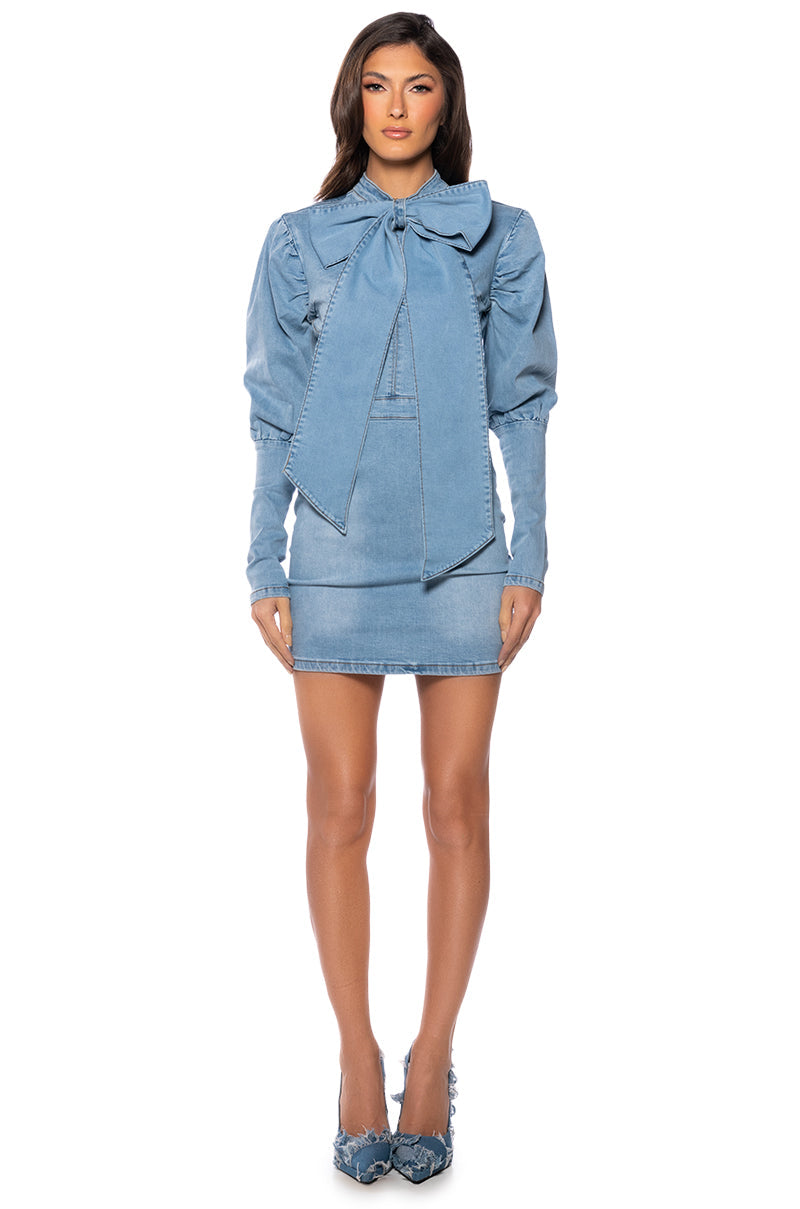 TAKE A BOW DENIM LONGSLEEVE MINIDRESS