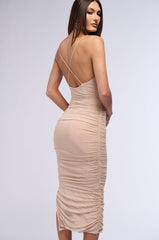 TAKE A PIC RUCHED MESH MIDI DRESS IN TAUPE