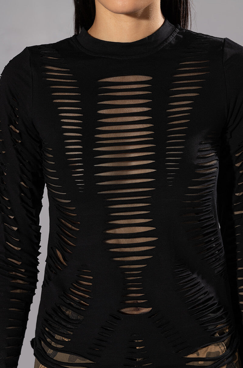 TELL EM DISTRESSED LAYERED LONG SLEEVE TOP