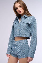 TEXTURED SEQUIN DENIM CROP JACKET