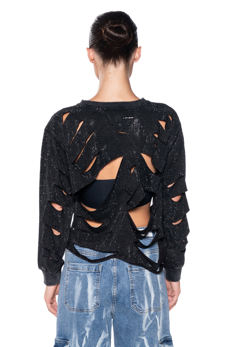 THRASHER RHINESTONE SHREDDED SWEATSHIRT