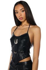 TIFFANY FAUX LEATHER HALTER NECK CORSET TOP