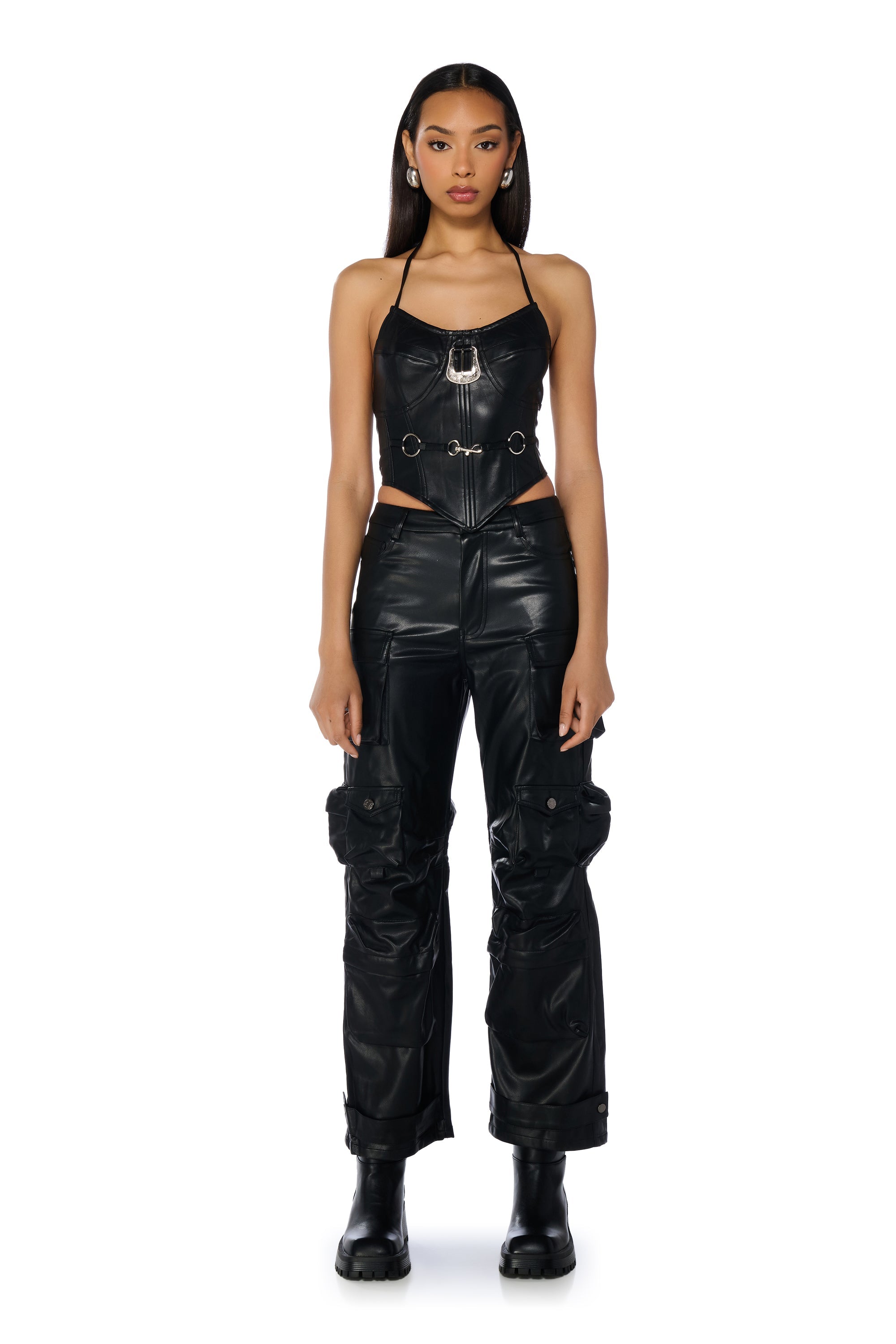 TIFFANY FAUX LEATHER HALTER NECK CORSET TOP