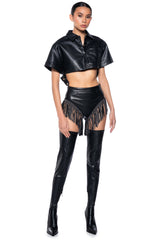 TINASHE FAUX LEATHER FRINGE SHORTS