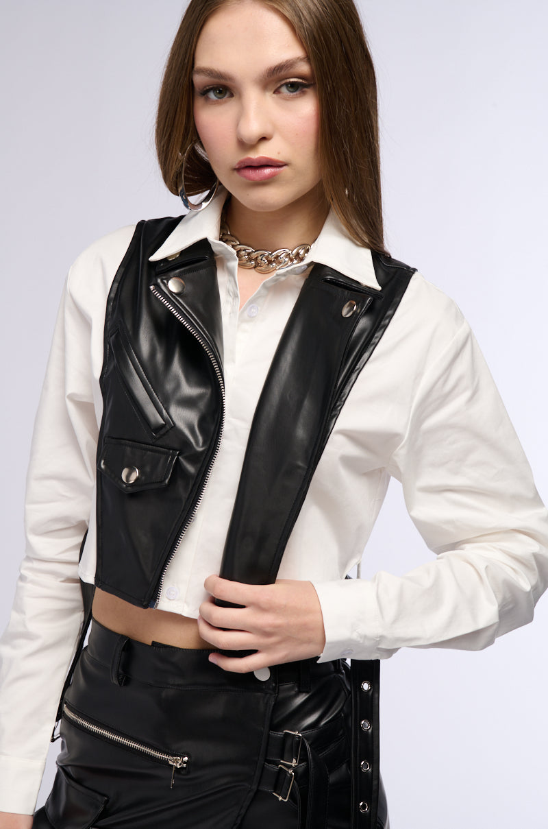 TOUCH ME FAUX LEATHER VEST OVERLAY BLOUSE