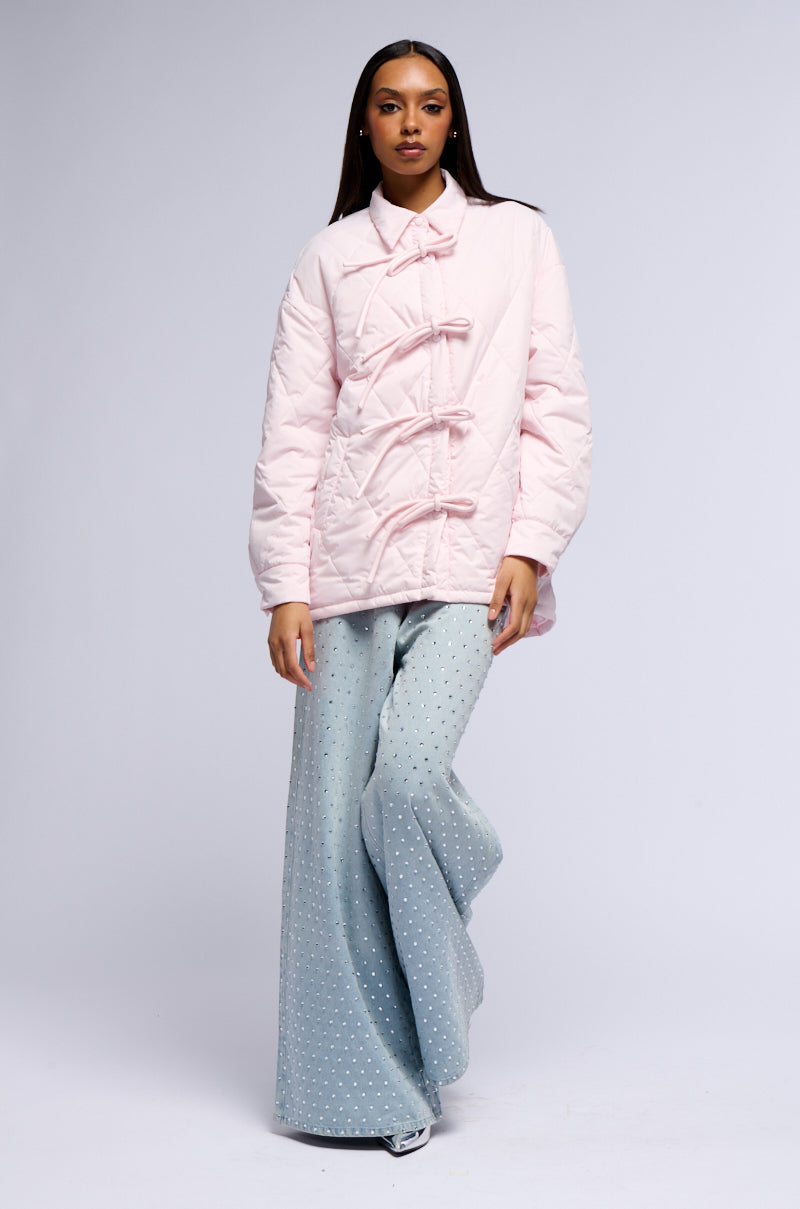 TRIBECCA PALE PINK QUILTED BOMBER WITH BOWS