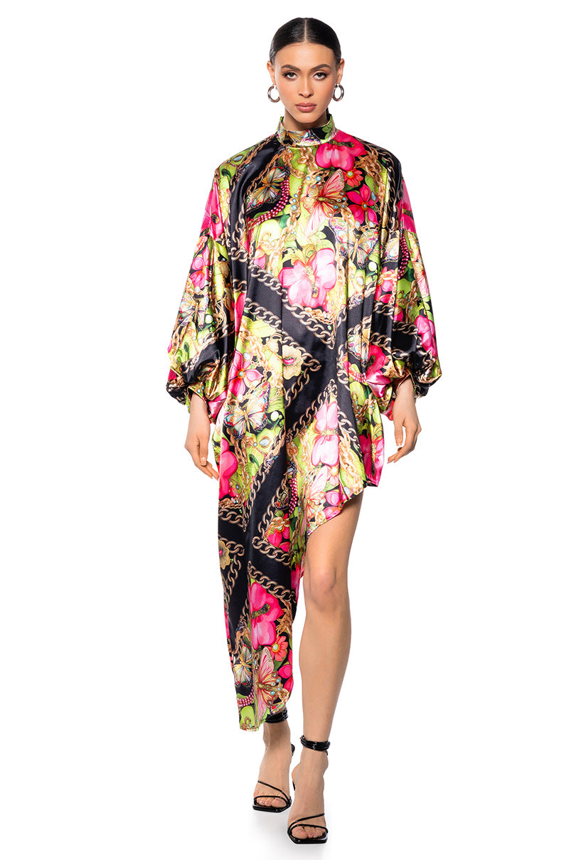 TROPICAL VACATION PRINT SATIN MAXI DRESS IN GREEN MULTI