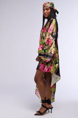 TROPICAL VACATION PRINT SATIN MAXI DRESS IN GREEN MULTI