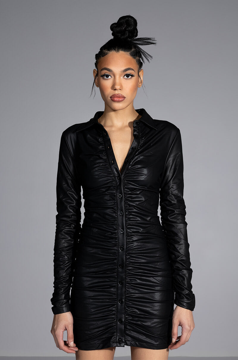 ULTRA LUX FAUX LEATHER BUTTON DOWN MINI DRESS