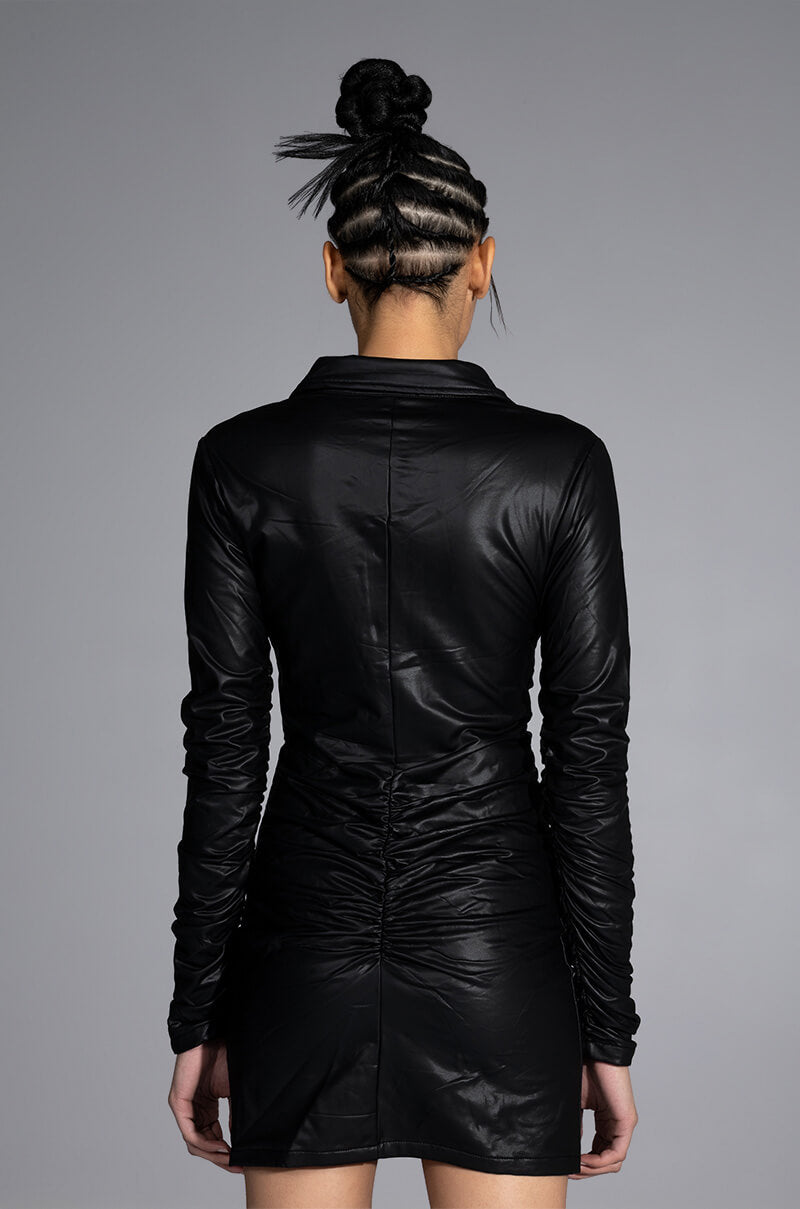 ULTRA LUX FAUX LEATHER BUTTON DOWN MINI DRESS
