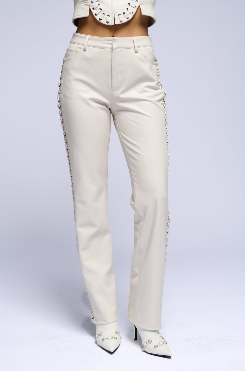 UNBELIEVABLE LACE UP FAUX LEATHER FLARED PANT