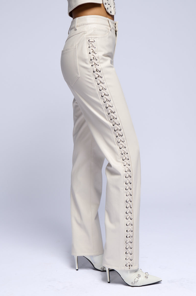 UNBELIEVABLE LACE UP FAUX LEATHER FLARED PANT