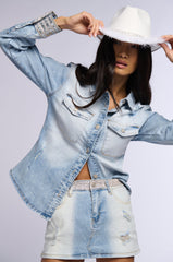 VIOLET DISTRESSED DENIM BUTTON DOWN