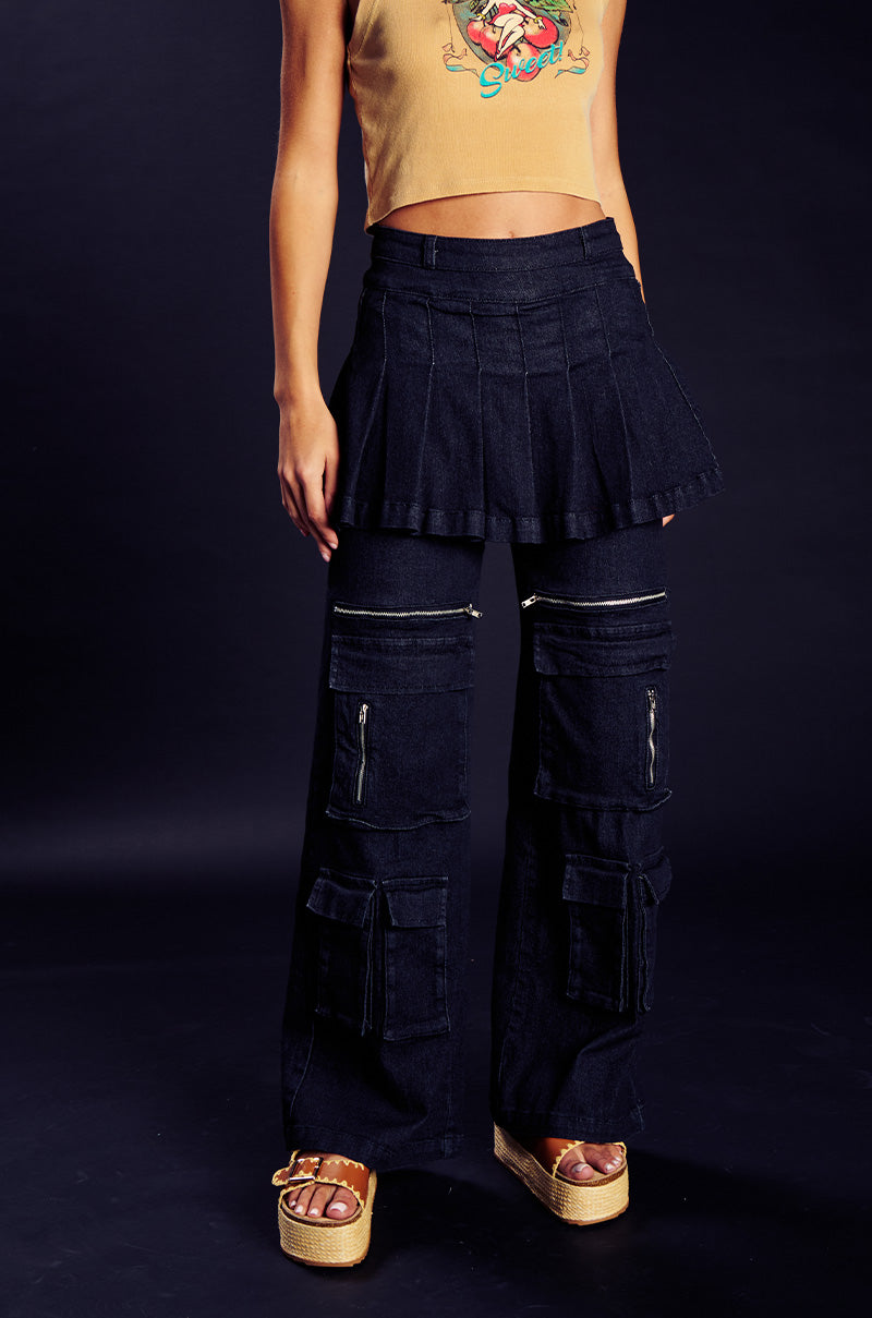 WANT U BACK WIDE LEG DENIM PANT WITH SKIRT